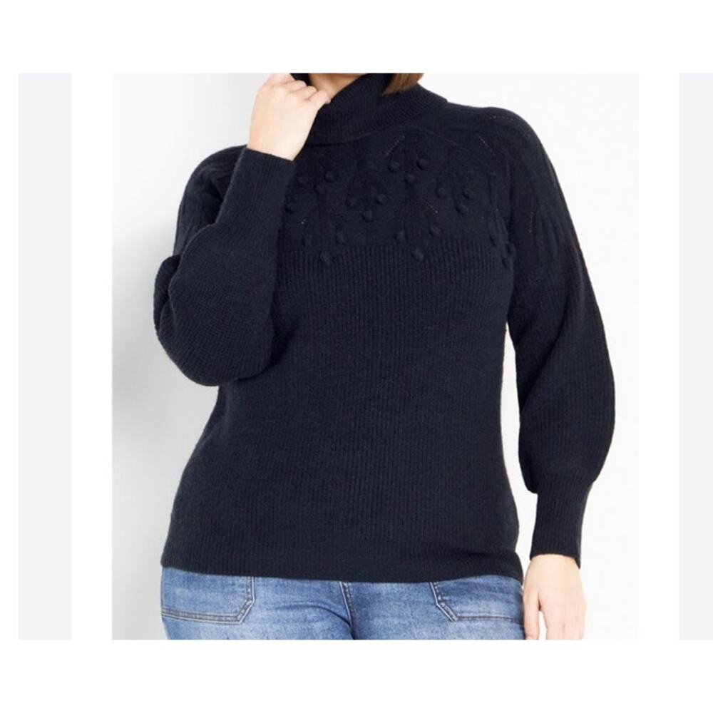 Avenue Women's Plus Size 18 Blue Turtleneck Pom Pom Sweater Pullover Fall Winter